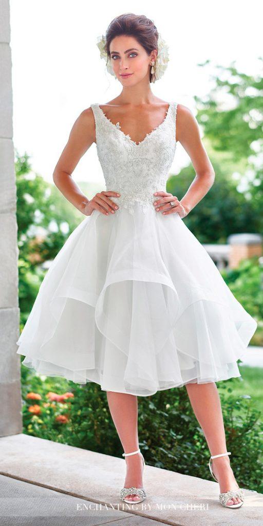 knee length wedding dresses v neckline ruffled skirt with straps beaded bodice mon cheri bridals