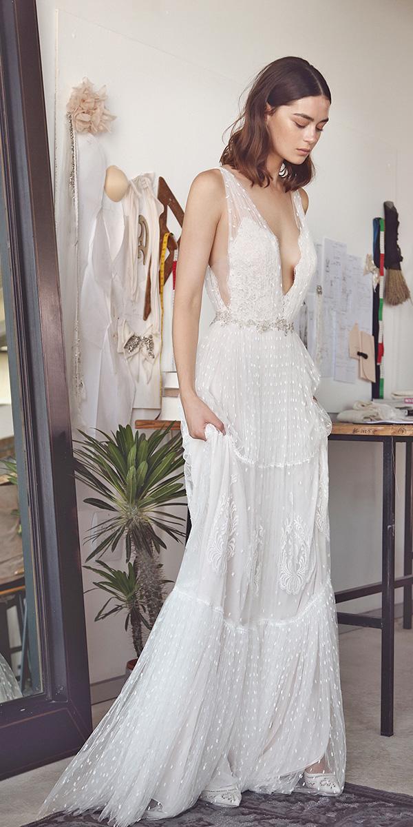 lace aline with deep neckline belt lihi hod wedding dresses