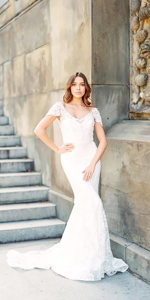 lace hand embellished draped sleeves v neckline wedding dresses with train anna campbell style anna