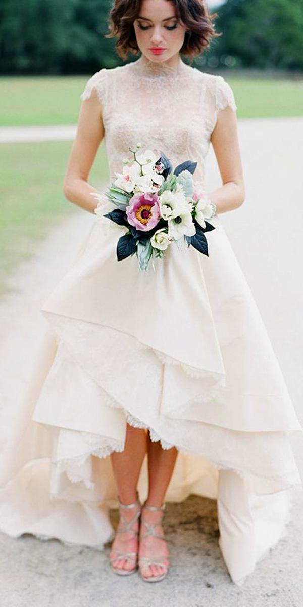 lace high neck with short sleeves country high low wedding dresses rita vinieris