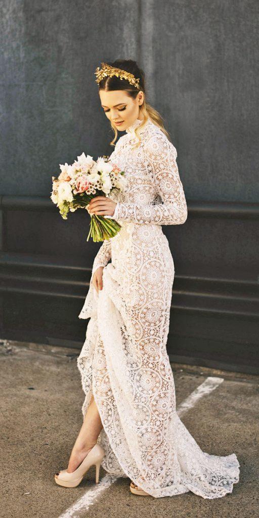 lace high necline rustic wedding dresses with long sleeves judy copley couture