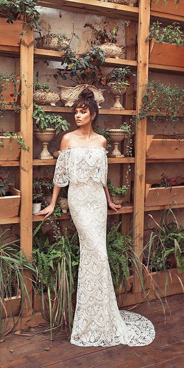 lace sheath off the shoulder elegant wedding dresses julie vino