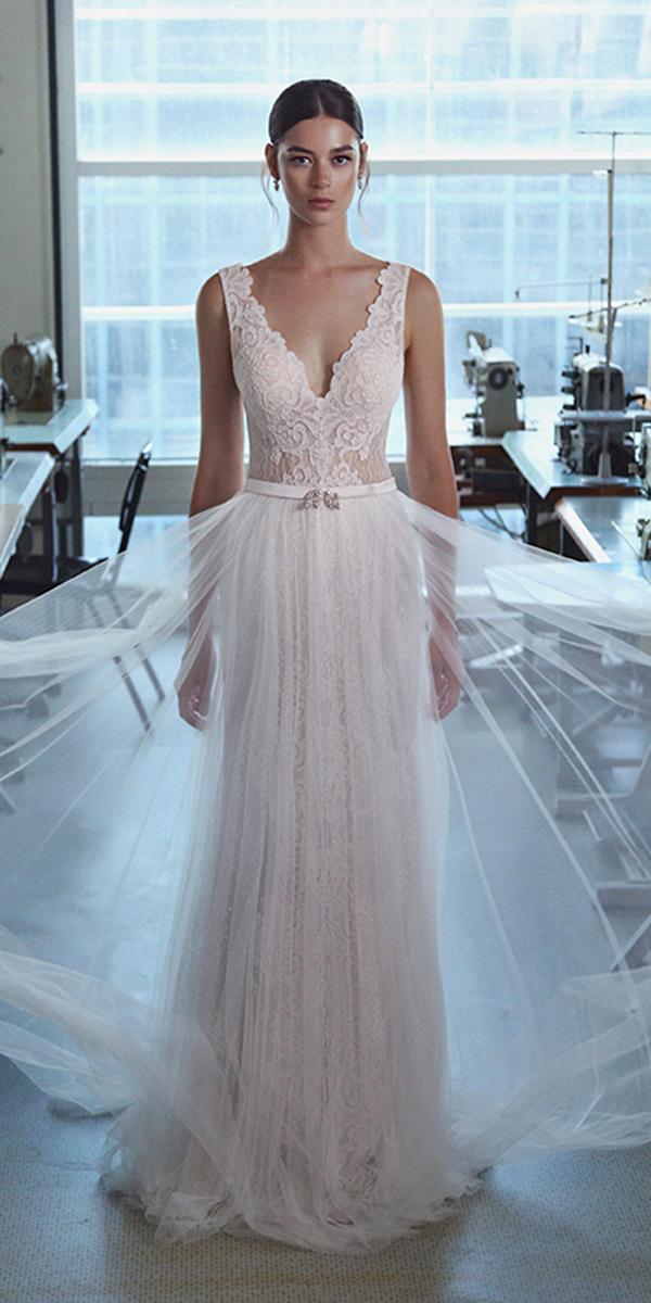 lace sheath with sexy v neckline and belt lihi hod wedding dresses