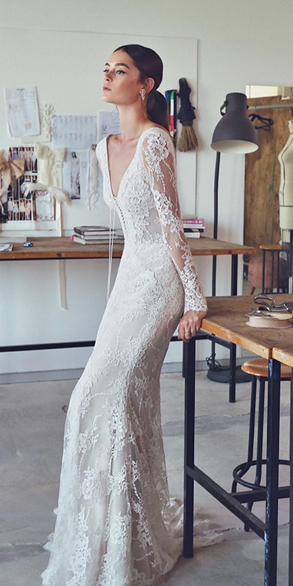 lace sheath with sexy v neckline and long sleeves lihi hod wedding dresses