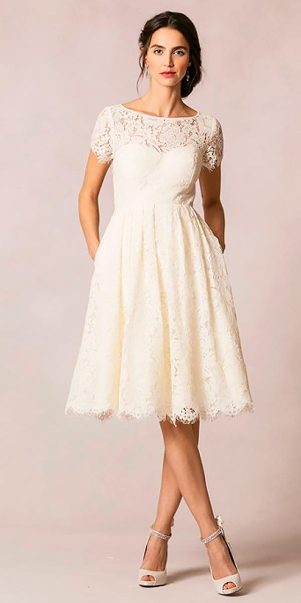 lace sweetheart knee length wedding dresses with a line skirt and cap sleeves jenny yoo