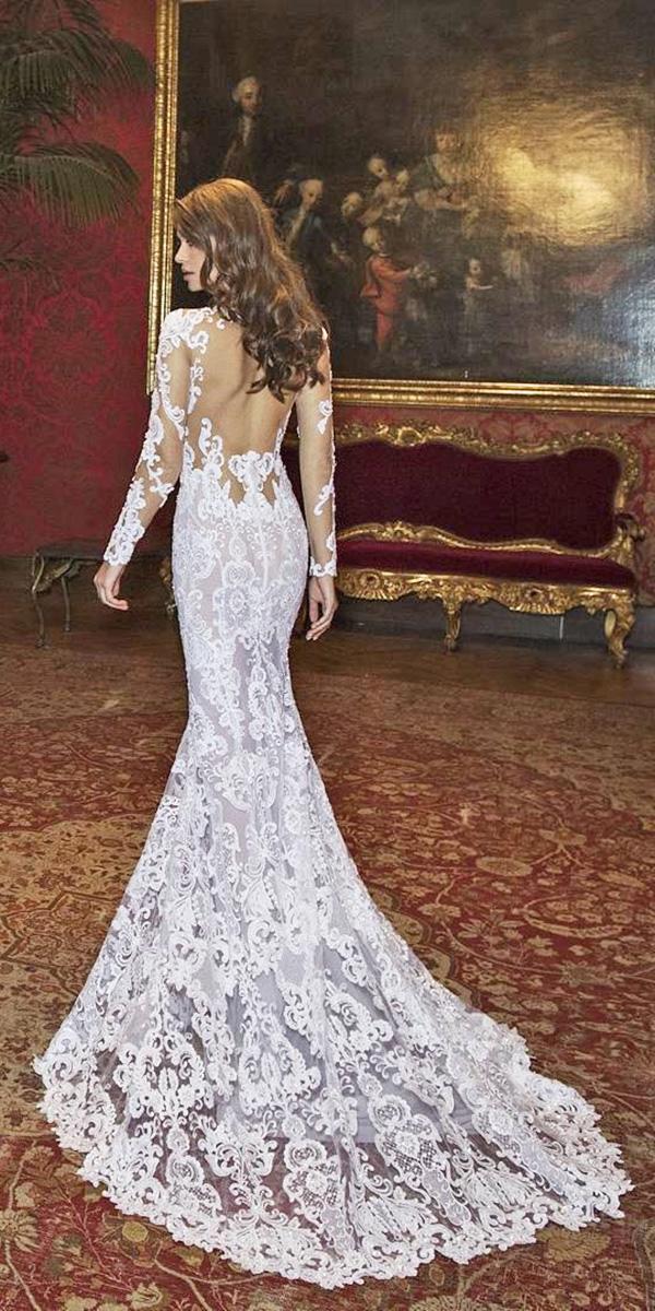 lace satin mermaid wedding dresses with long sleeves and train low open back dimitrius dalia