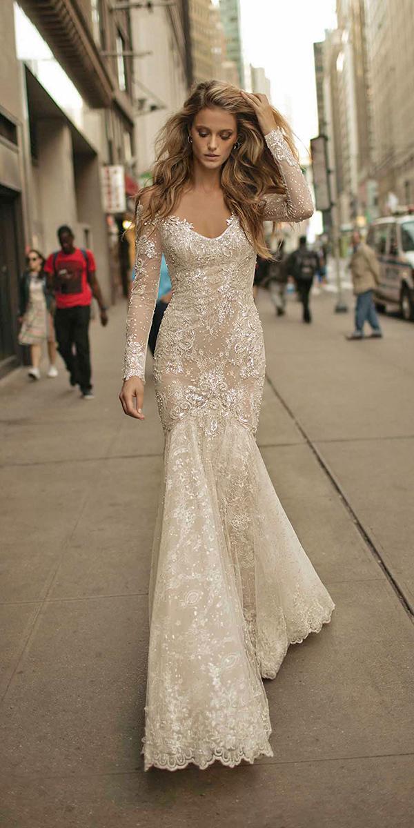 mermai scoop neckline open back with long sleeves and train berta bridal wedding dresses