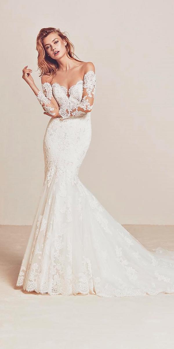 mermaid sweetheart off the shoulder wedding dresses with lace sleeves pronovias