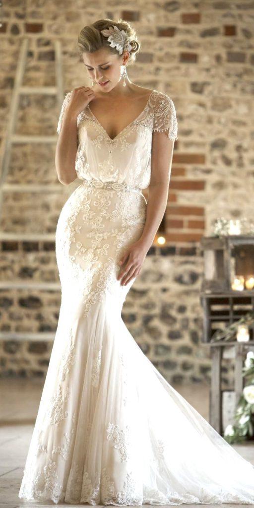 mermaid v neck cap sleeve vintage lace wedding dresses true bride