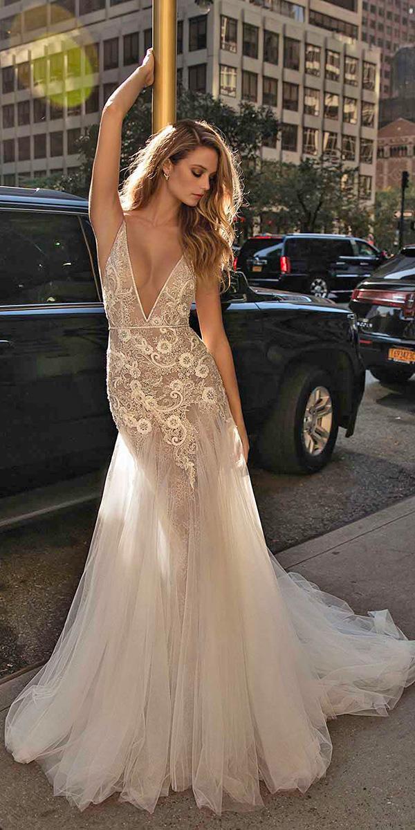 mermaid v neckline with embroidered lace berta bridal wedding dresses
