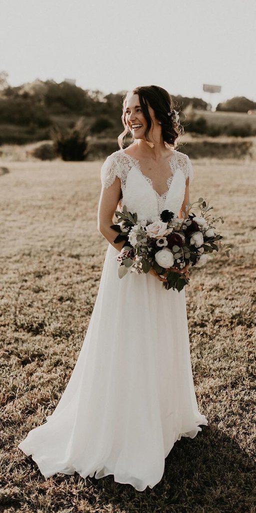 modest wedding dresses a line with cap lace sleeves v neckline outdoor truvelle bridal