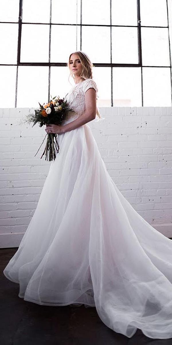 modest wedding dresses a line with cap sleeves lace top elizabeth cooper