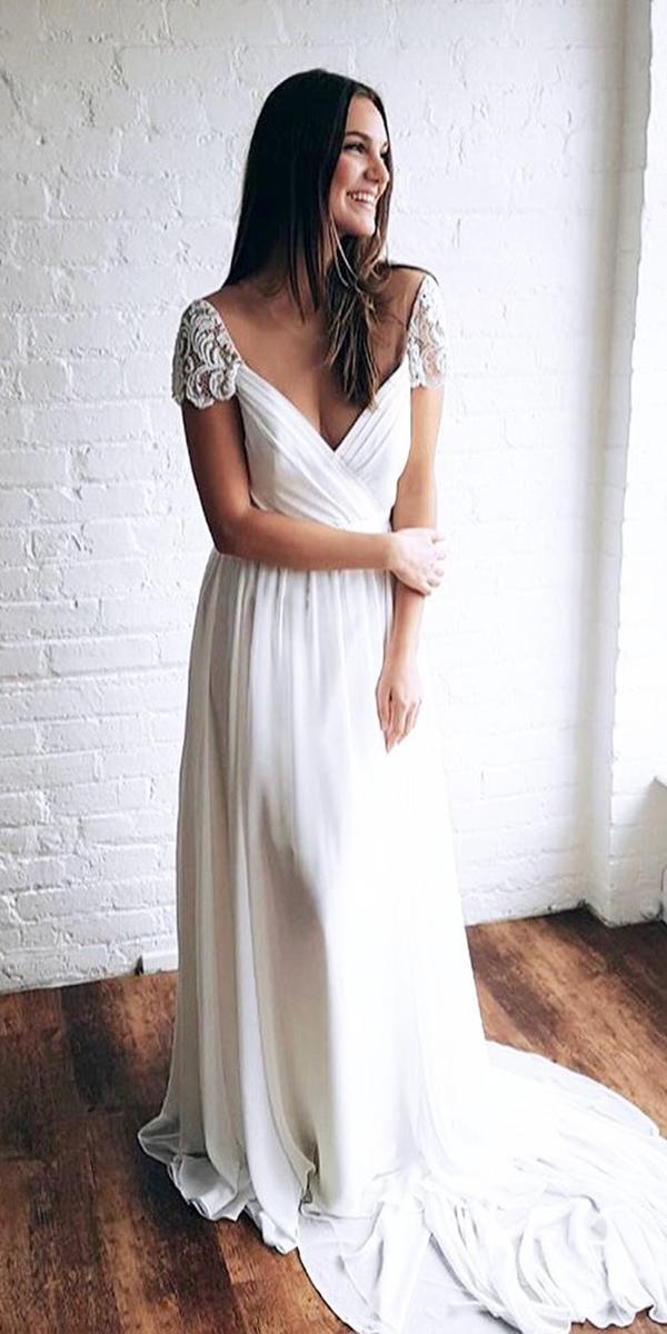 modest wedding dresses a line with cap sleeves v neckline truvelle