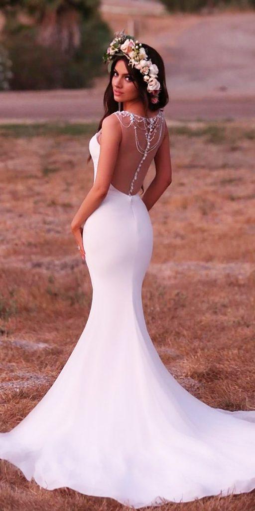 satin mermaid wedding dresses illusion back with train simple enzoani