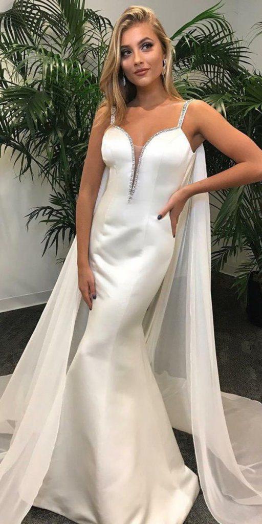 satin mermaid wedding dresses simple with spaghetti straps deep v neckline with cape lilly bridal