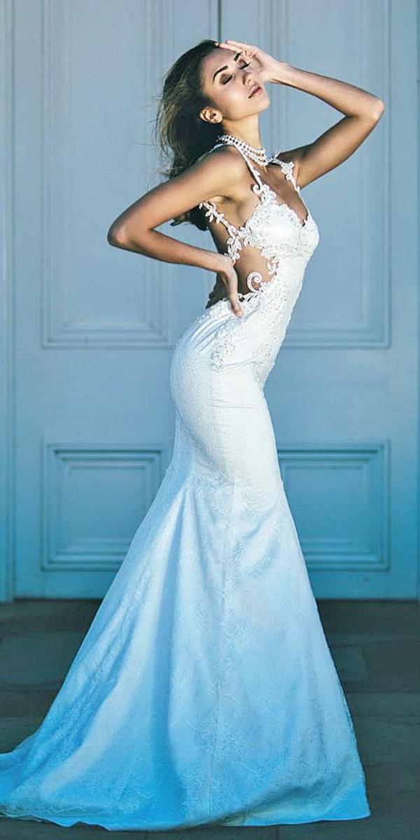 satin mermaid wedding dresses spaghetti straps lace embellishment nurit hen couture