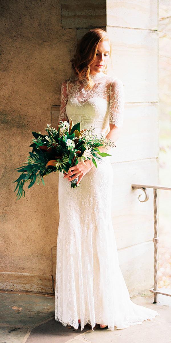 sheath lace high neckline rustic wedding dresses with short sleeves perry vaile