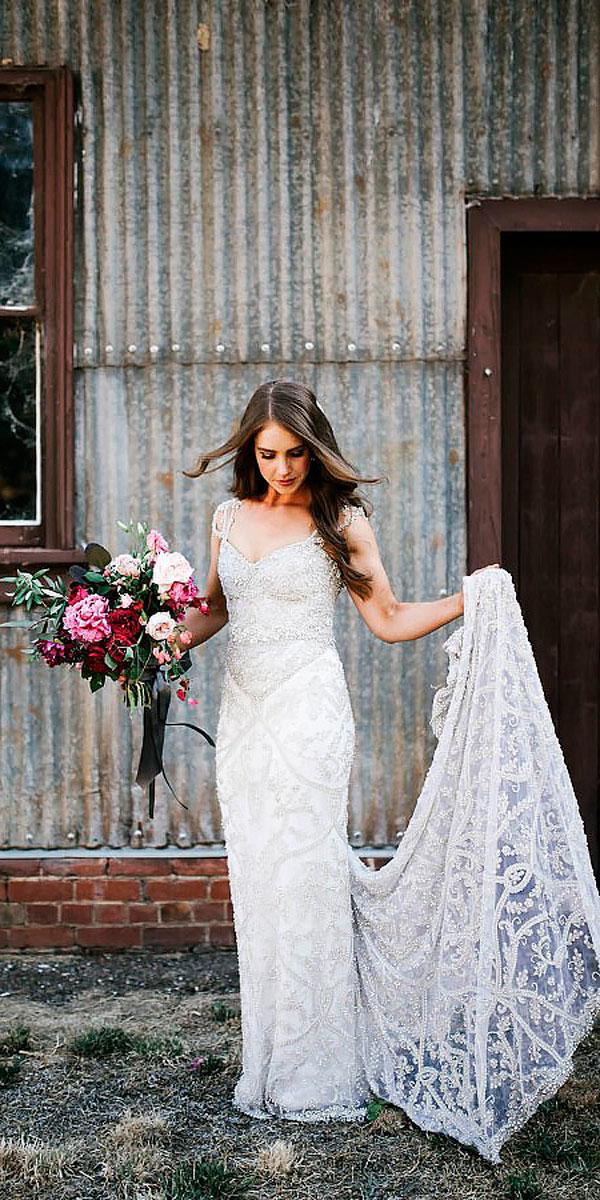sheath lace sweetheart neck with sleeves rustic wedding dresses brown paper parcel