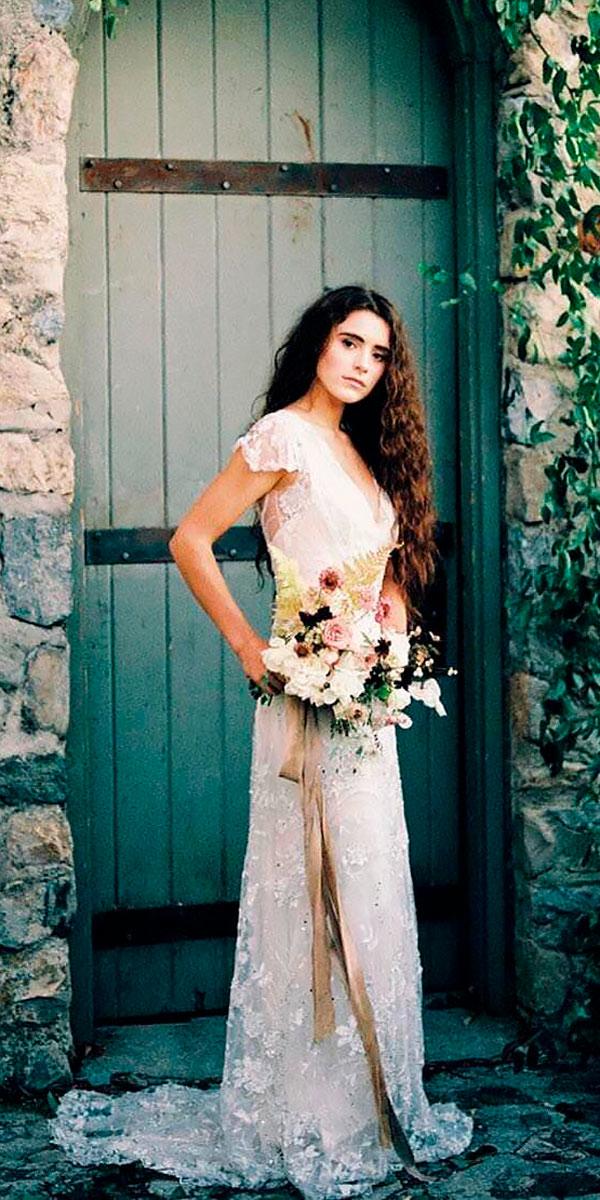 sheath lace v neck cap sleeve bohemian wedding dresses megan robinson
