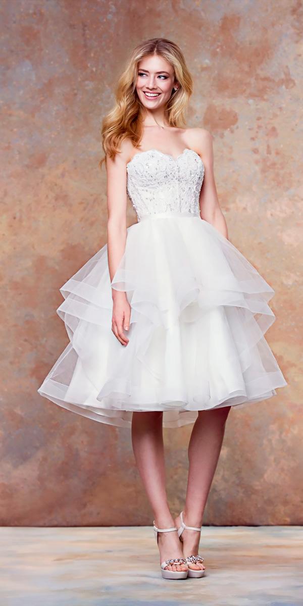strapless sweetheart with asymmetrical dress lines knee length wedding dresses ellis bridals