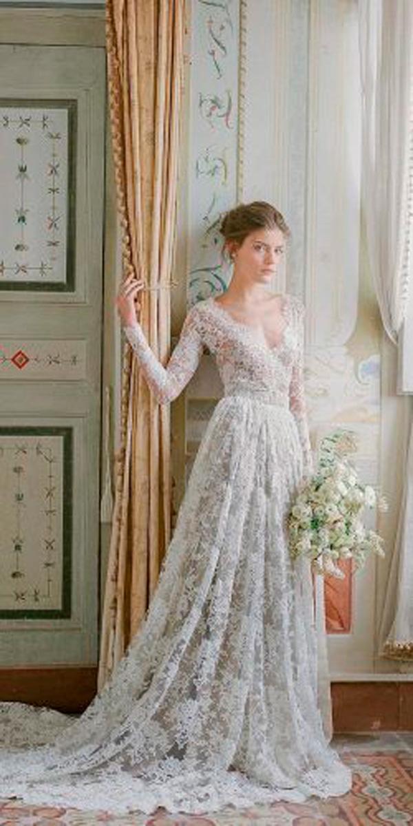 ball gown v back with long sleeves pink wedding dresses lorenzo rossi