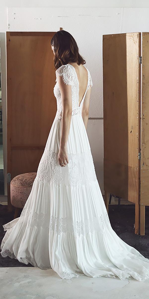 vintage lace a line wedding dresses with short sleeve and v shape back lihi hod