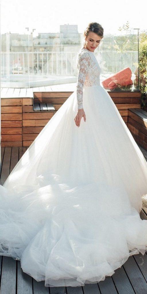 modest wedding dresses ball gown lace top with long sleeves kiwo estudio