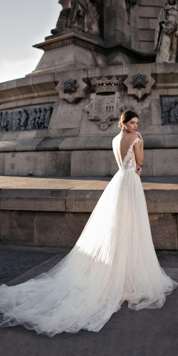 a line embroidered lace top off shoulder with train gali karten wedding dresses