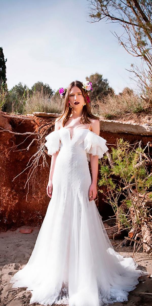 a line flowy off the shoulder destination beach wedding dresses christos costarellos