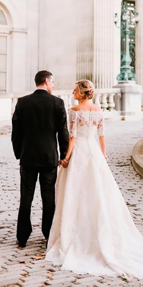 a line lace back with short sleeves off the shoulder wedding dresses pronovias