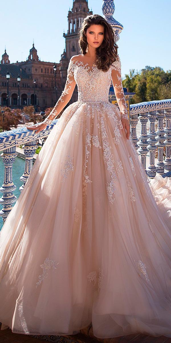 Ball gown wedding dresses blush lace illusion long sleeves sweetheart neck with train giovanna