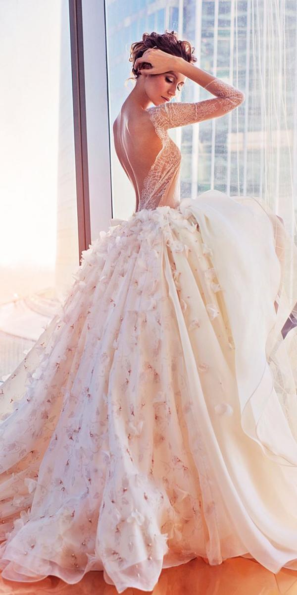 ball gown wedding dresses low back floral bling long sleeve katesofficial