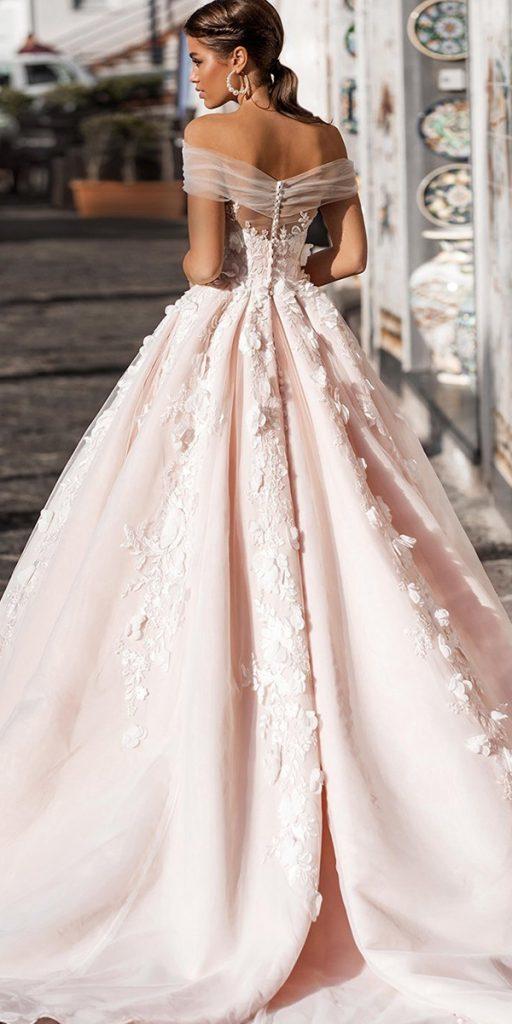  ball gown wedding dresses off the shoulder floral appliques blush navibluebridal