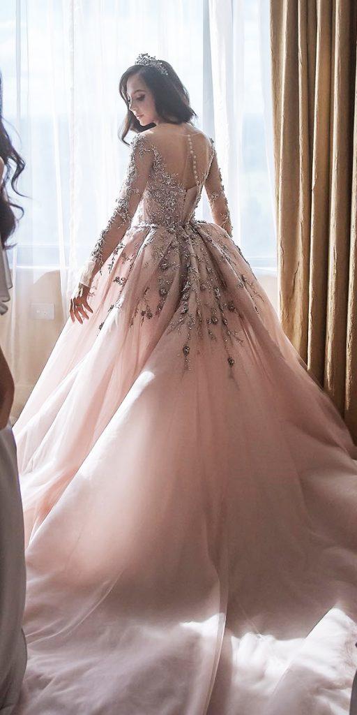  ball gown wedding dresses with illusion long sleeves floral appliques blush paolo sebastian