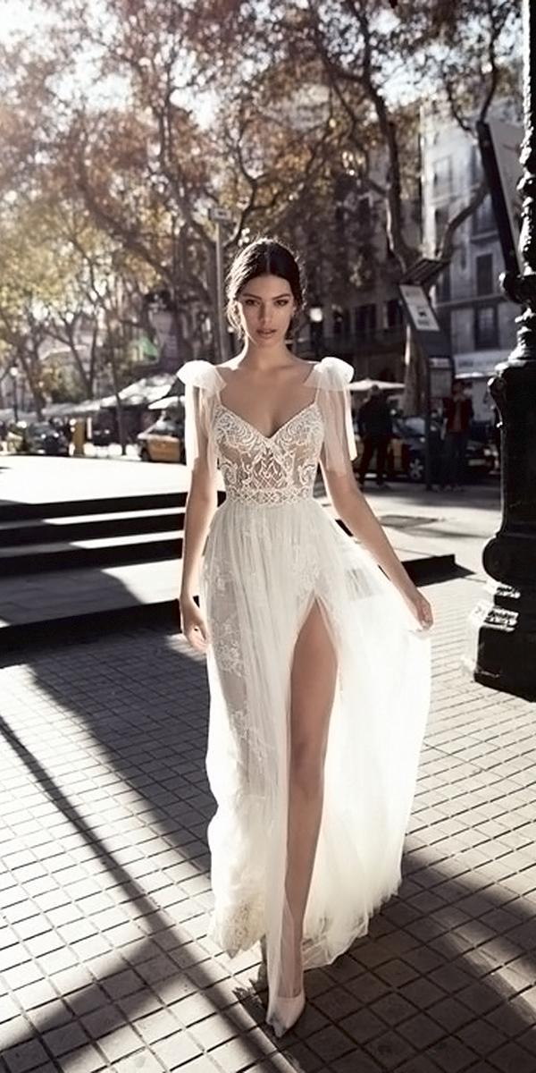 beach lace top a line spaghetti straps with slit gali karten wedding dresses