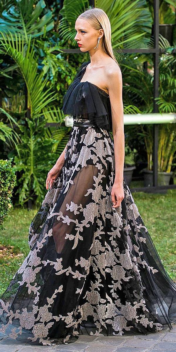 black wedding dresses a line gown asymetrics floral appliques galialahav