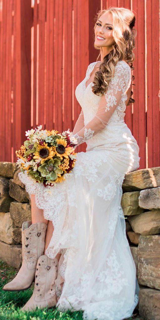 lace wedding dress with cowboy boots