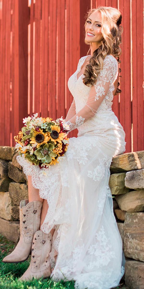 Country Wedding Dresses With Boots Lace Illusion Long Sleeves V Neckline Mattdayphoto 