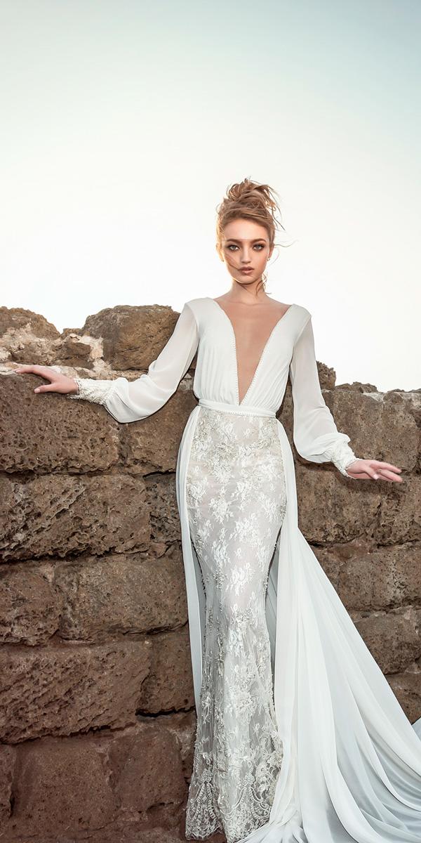 deep v neckline sheath wedding dresses with long sleeves dany mizrachi