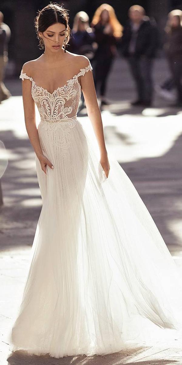 embroidered lace top a line with off shoulder straps gali karten wedding dresses