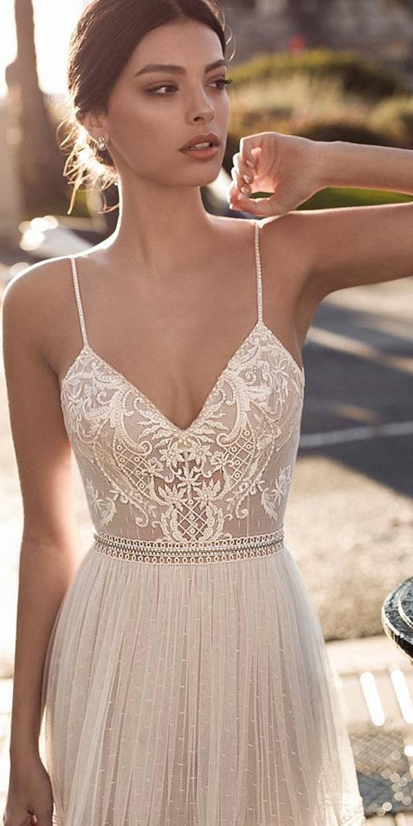 embroidered lace top a line with spaghetti straps gali karten wedding dresses