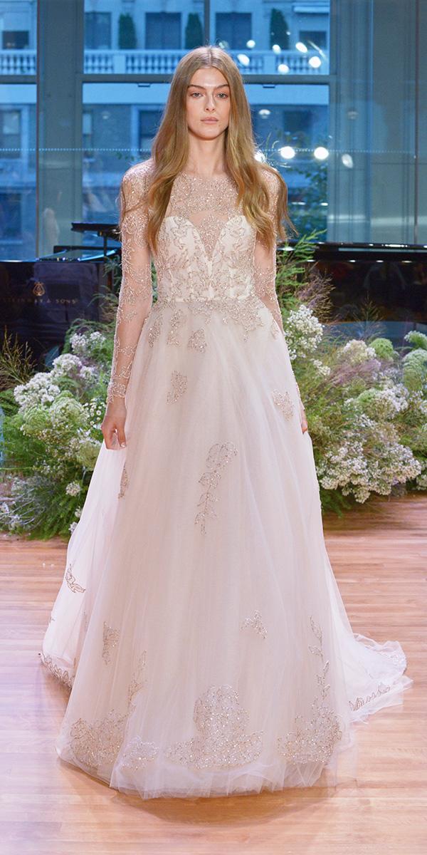 gold embroidered tulle ball gown with illusio long sleeves wedding dresses 2017 monique lhuillier