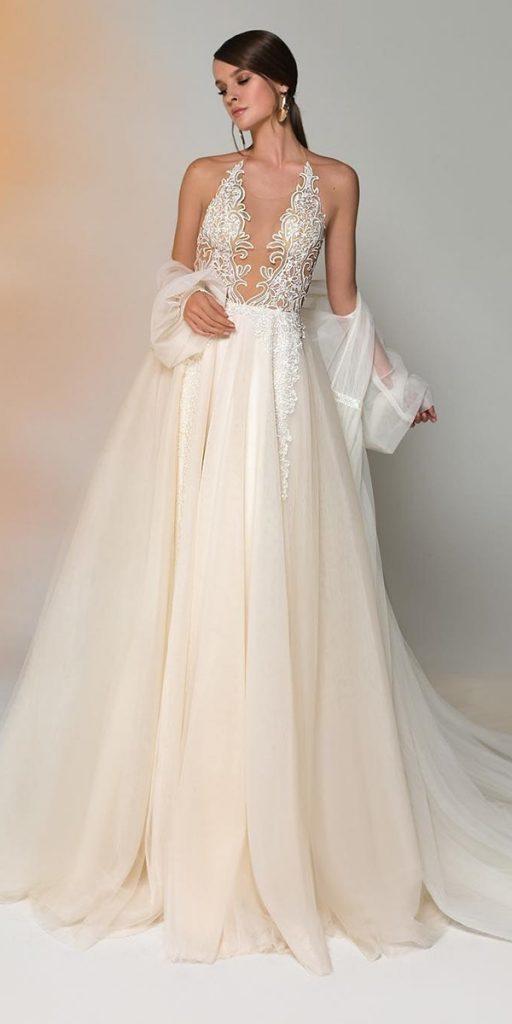  ivory wedding dresses a line illusion neckline lace evalendel