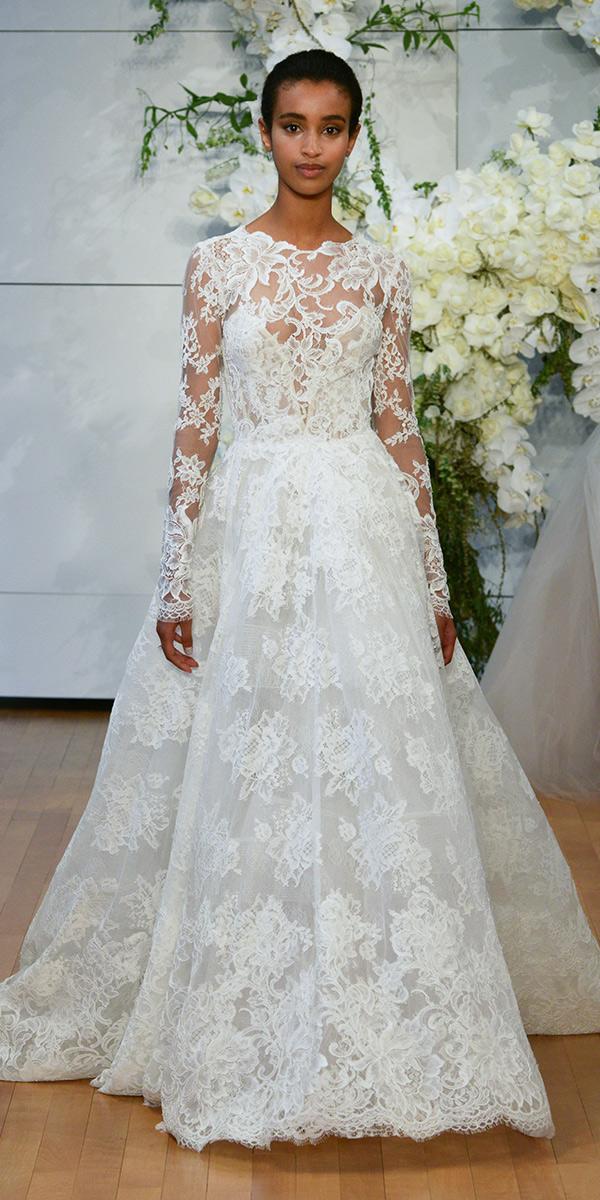 lace a line with long sleeves and bateau neckline monique lhuillier wedding dresses
