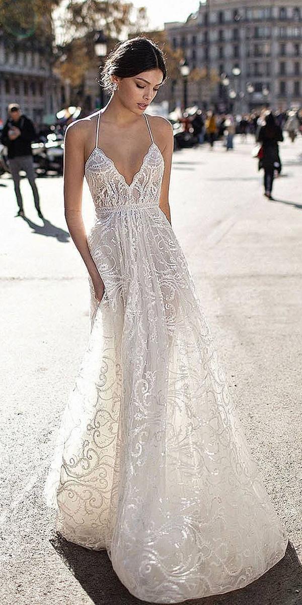 lace a line with spaghetti straps gali karten wedding dresses