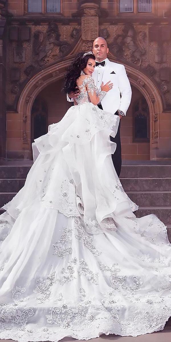 lace long sleeved ball gown wedding dresses with ruffled skirt leah da gloria