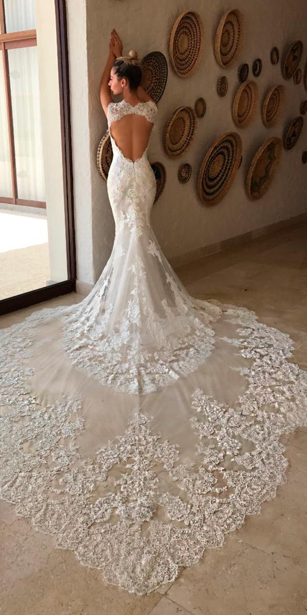 lace sheath with key hole back and train enzoani wedding dresses