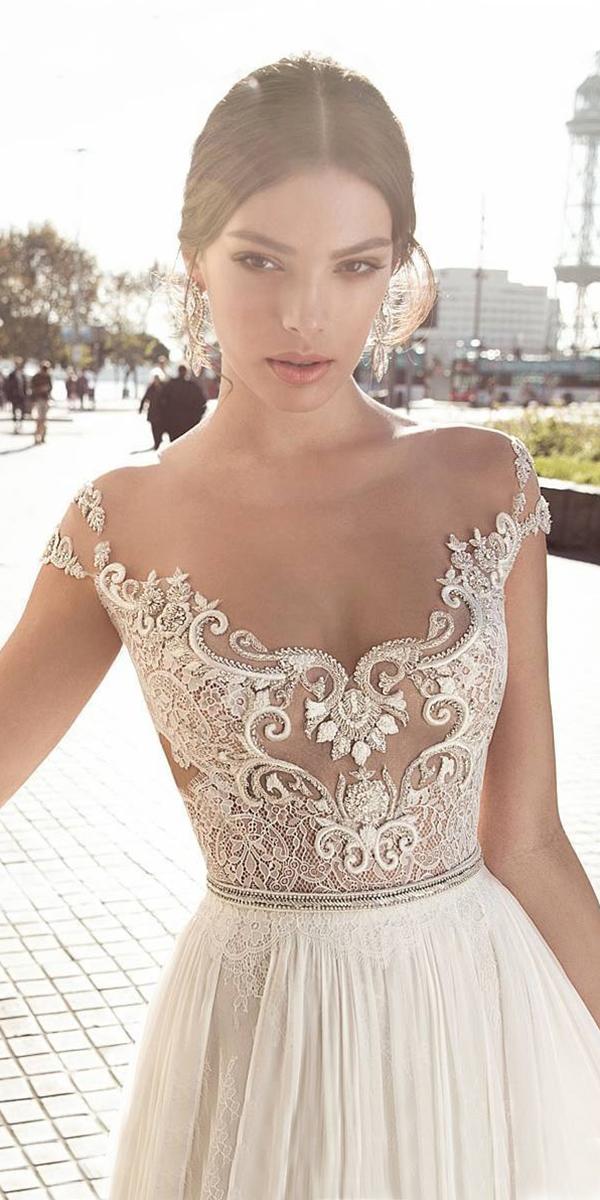 lace top a line with off shoulder straps and crystal belt gali karten wedding dresses