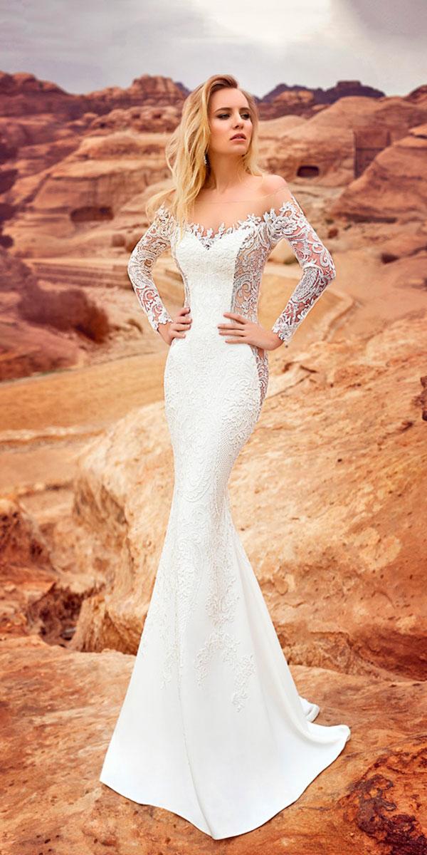 mermaid lace with long sleeves off the shoulder wedding dresses oksana mukha
