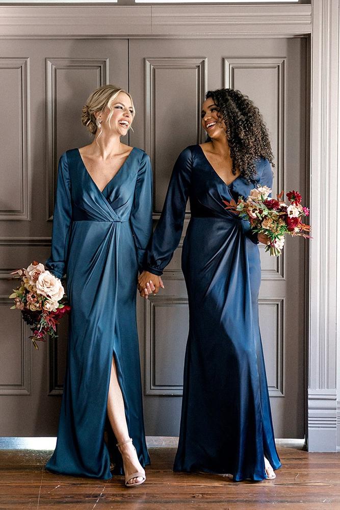  navy bridesmaid dresses with long sleeves v neckline long simple shoprevelry